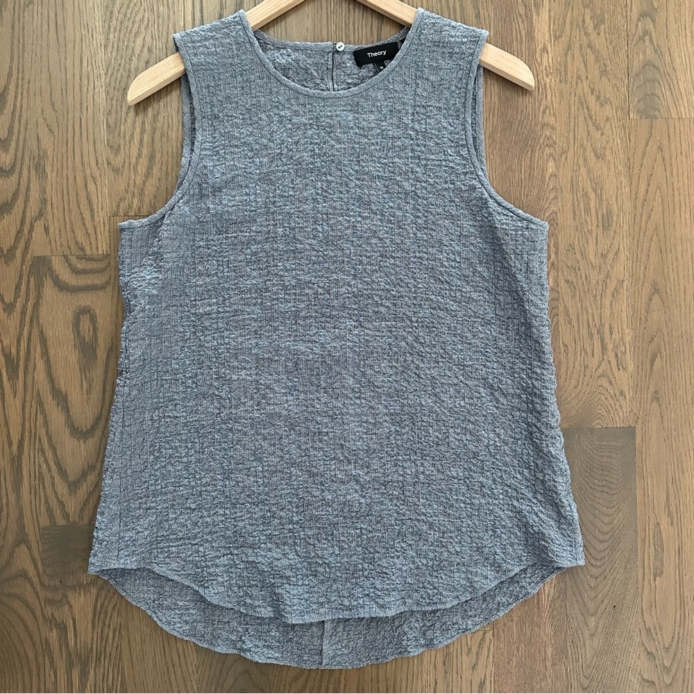 Theory Bringam Seersucker Houndstooth Sleeveless Top in Blue Size Medium